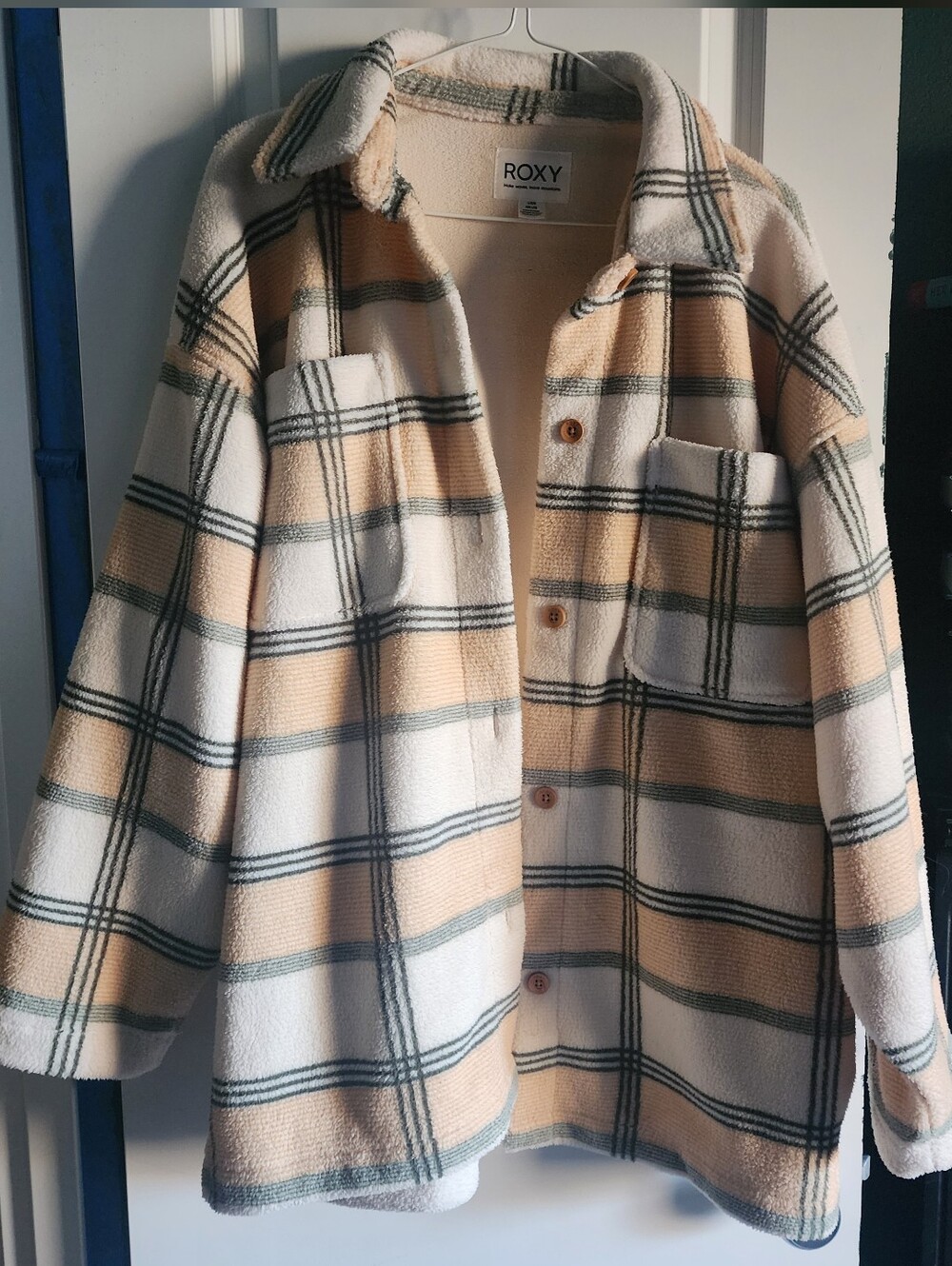 Roxy Women's Next Adventure Plaid Button Up Shacket Beige/White